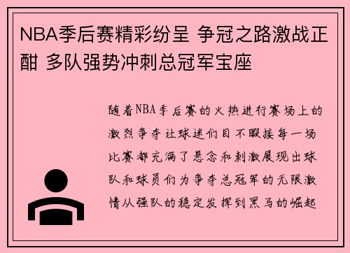 NBA季后赛精彩纷呈 争冠之路激战正酣 多队强势冲刺总冠军宝座