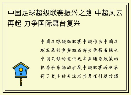 中国足球超级联赛振兴之路 中超风云再起 力争国际舞台复兴