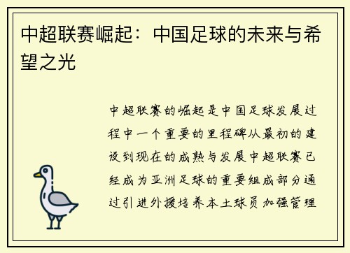 中超联赛崛起：中国足球的未来与希望之光