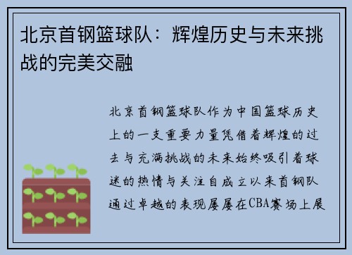 北京首钢篮球队：辉煌历史与未来挑战的完美交融