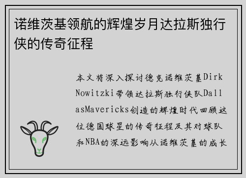 诺维茨基领航的辉煌岁月达拉斯独行侠的传奇征程
