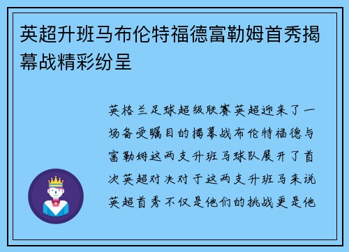 英超升班马布伦特福德富勒姆首秀揭幕战精彩纷呈